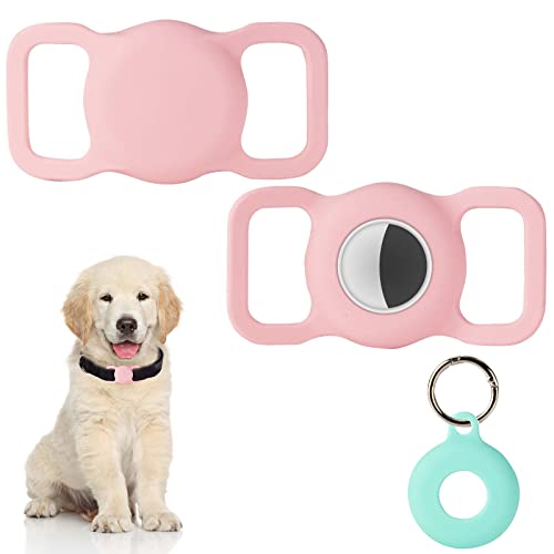 PuppyDoggy 2 Stück Silikon Schutz Hülle Kompatibel für Apple Airtag GPS Finder für Hundehalsband, katzenhalsband, Pet Loop Holder für AirTags & 1 Stück AirTag Schlüsselanhänger Halter (Groß, Rosa) von PuppyDoggy