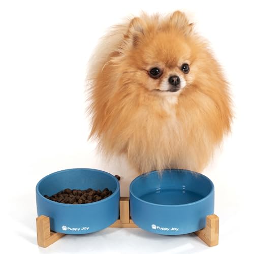 Hundenapf Keramik Doppel Hund Futternapf mit Bambus Ständer für Katzen und Hunde 2X 500ml, 2er Set Futternäpfe (Marine) von PuppyJoy