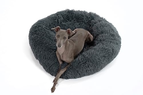 Wahre Tierliebe Hundebett Wolke, Waschbar Hundekissen, Hundekorb, Flauschiges Hundebett für große, mittelgroße & kleine Hunde, Anti-Angst-Kunstfell-Kuscheltier, Flauschiges (L (80CM), Dunkelgrau) von PuppyJoy