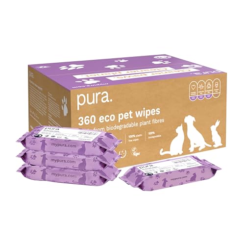 Pura Öko XXL Feuchttücher für Hunde, Katzen & Kaninchen, 100% plastikfrei, 100% biologisch abbaubar, hypoallergene Pflegetücher, für Pfoten, Fell & Hinterseiten, 360 Tücher (4x 90 Tücher) von Pura