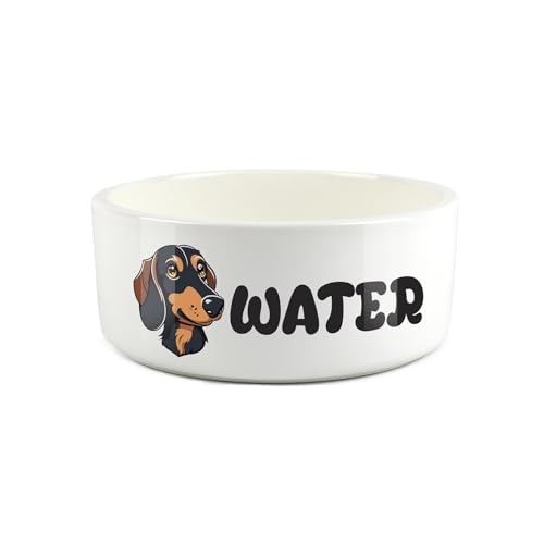 Dackel-Haustiernapf – Cartoon-Wursthund Portrait große Keramik-Wassernapf – Neuheit weiße Wasserschale für Hunde von Purely Home