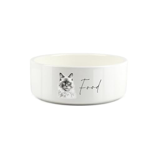 Ragdoll Cat Pet Bowl - Black & White Portrait Small Ceramic Food Bowl - White Food Bowl for Cats von Purely Home