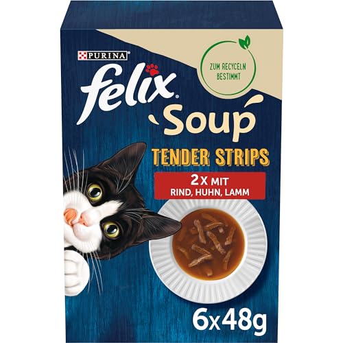 FELIX Soup Tender Strips, Suppe für Katzen, Geschmacksvielfalt vom Land, 6er Pack (6 x 48g) von Felix