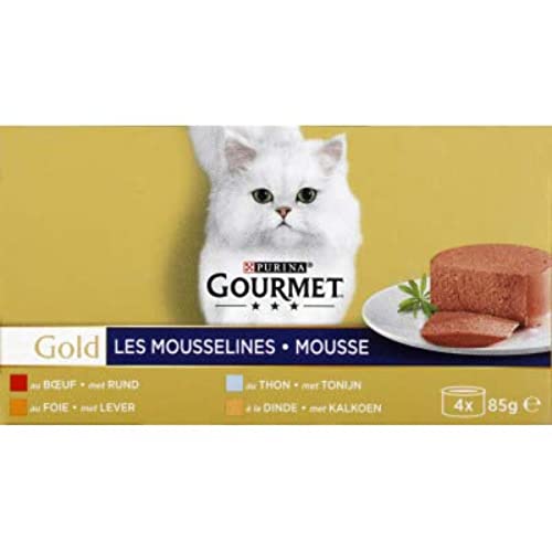 Gourmet Gold Musselin Gold Mousse mit Thunfisch, Leber, Truthahn & Rindfleisch für Katzen – 4 Terrinen à 85 g von Purina Gourmet Gold