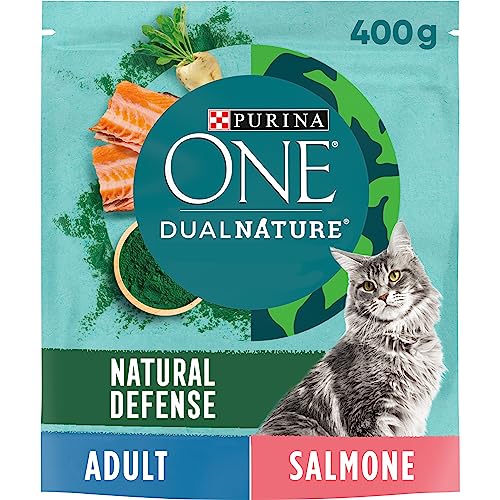 PURINA ONE Dualnature Natural Defense Trockenfutter für Erwachsene Katzen mit Lachs und natürlicher Spirulina, 8 Beutel à 400 g von PURINA ONE