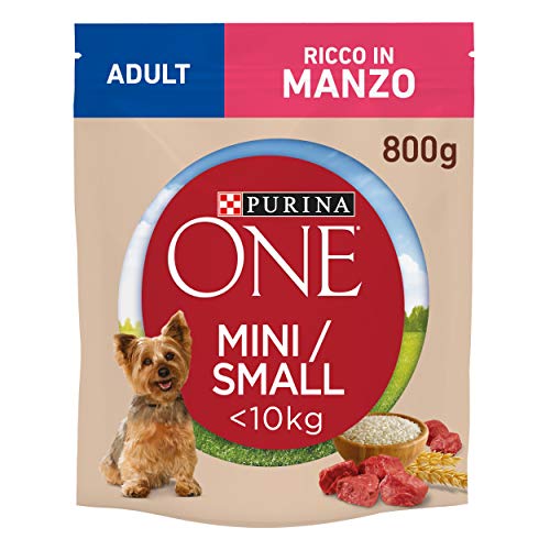 PURINA ONE Mini-Hundekroketten für Erwachsene, reich an Rindfleisch, mit Reis, für Hunde bis 10 kg, 8 Beutel mit je 800 g von PURINA ONE