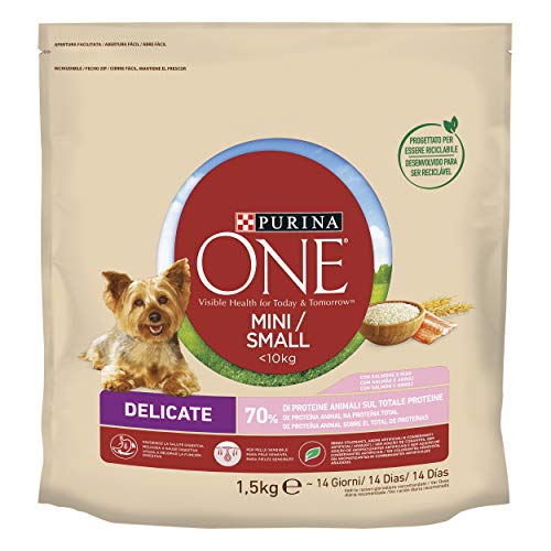 Purina One Mini < 10 kg Delicate Kroketten für kleine Hunde Lachs und Reis, 6 Packungen à 1,5 kg von PURINA ONE