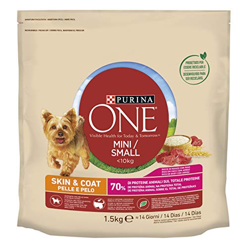 Purina One Mini < 10 kg Haut und Fell Trockenfutter für kleine Hunde Rind und Reis, 6 Packungen zu je 1,5 kg von PURINA ONE