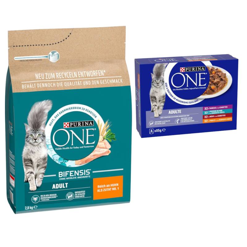 2,8 kg PURINA ONE + 8 x 85 g passendes Nassfutter gratis! - 2,8 kg Adult Huhn & Vollkorngetreide + 8 x 85 g ADULT-Mix von Purina One