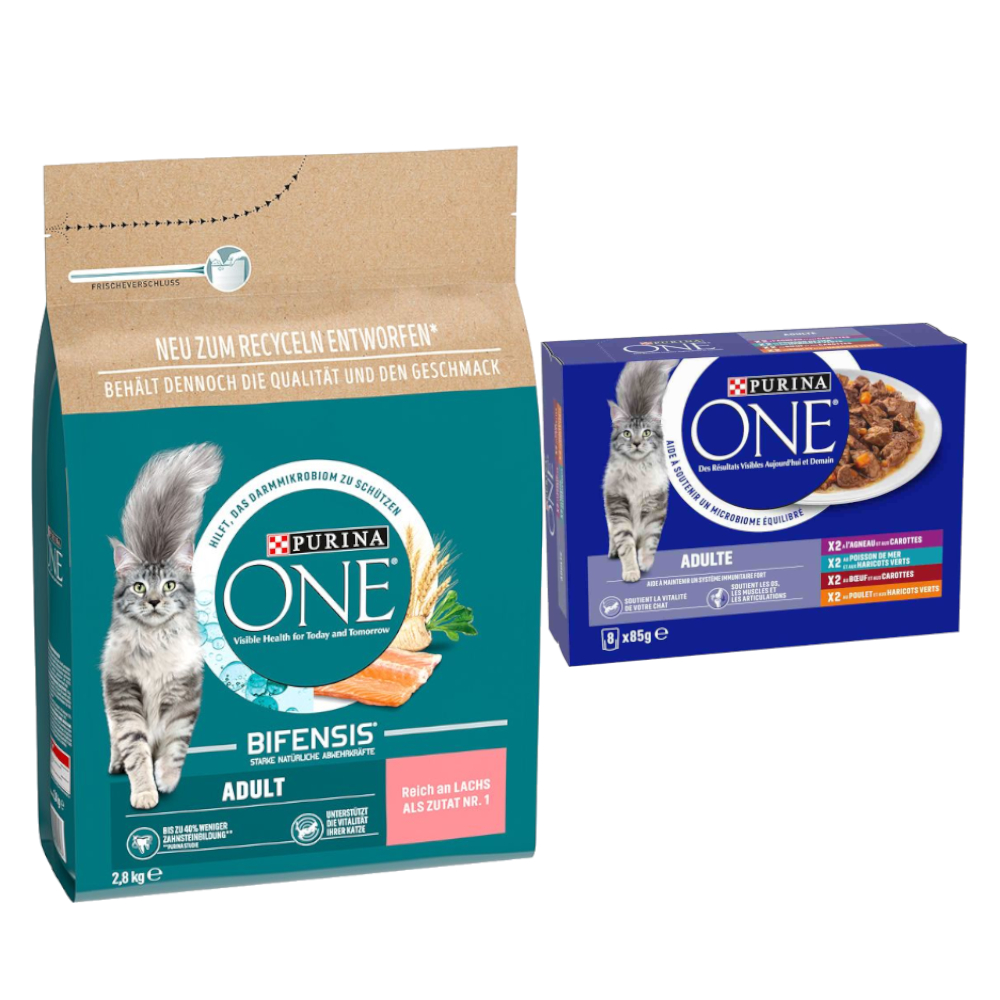 2,8 kg PURINA ONE + 8 x 85 g passendes Nassfutter gratis! - 2,8 kg Adult mit Lachs & Vollkorngetreide + 8 x 85 g ADULT-Mix von Purina One