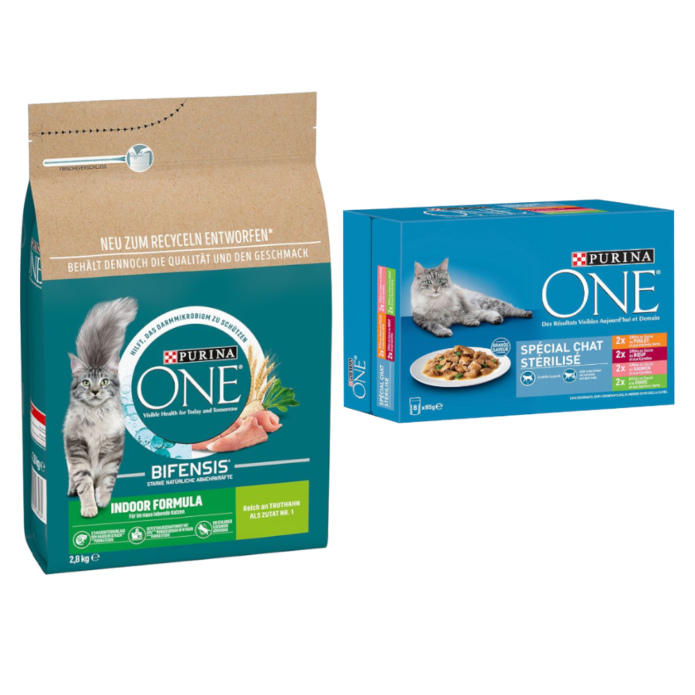 2,8 kg PURINA ONE + 8 x 85 g passendes Nassfutter gratis! - 2,8 kg Indoor Formula + 8 x 85 g Sterilised-Mix von Purina One