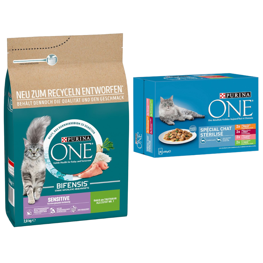 2,8 kg PURINA ONE + 8 x 85 g passendes Nassfutter gratis! - 2,8 kg Sensitive + 8 x 85 g Sterilised-Mix von Purina One