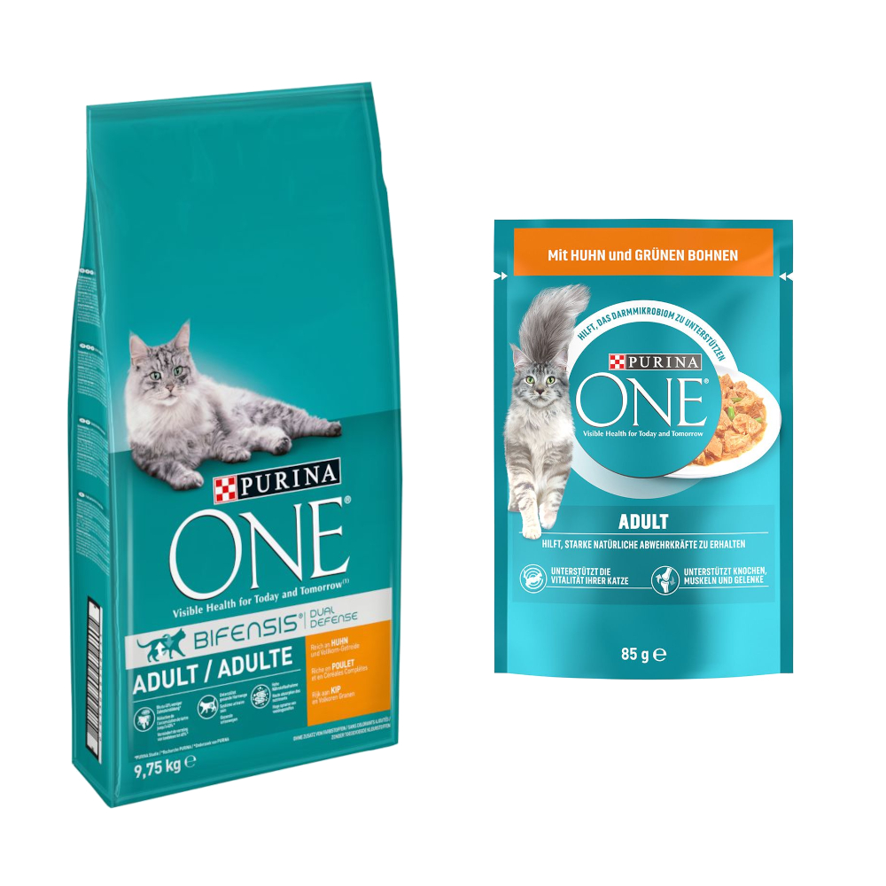 9,75 kg PURINA ONE + 13 x 85 g passendes Nassfutter gratis! - Adult Huhn & Vollkorngetreide + Adult Huhn/grüne Bohnen von Purina One