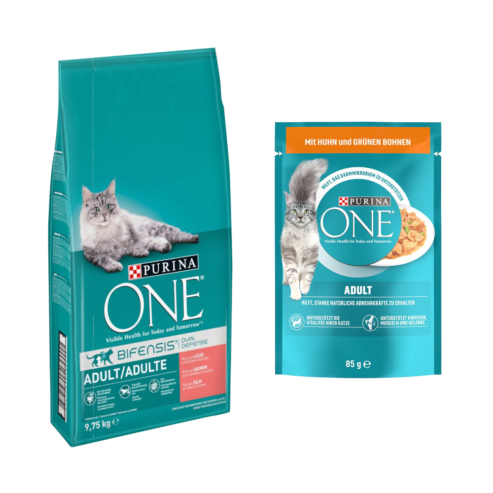 9,75 kg PURINA ONE + 13 x 85 g passendes Nassfutter gratis! - Adult mit Lachs & Vollkorngetreide + Adult Huhn/grüne Bohnen von Purina One