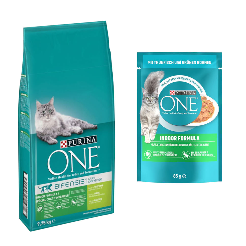 9,75 kg PURINA ONE + 13 x 85 g passendes Nassfutter gratis! - Indoor Formula + Indoor Formula mit Thunfisch & grünen Bohnen von Purina One