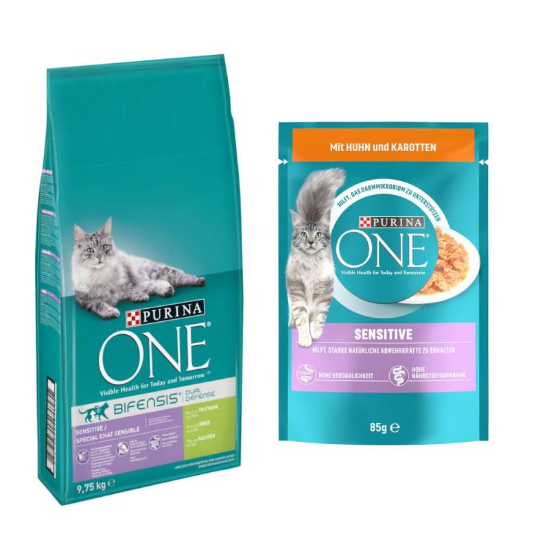 9,75 kg PURINA ONE + 13 x 85 g passendes Nassfutter gratis! - Sensitive + Sensitive Huhn/Karotte von Purina One