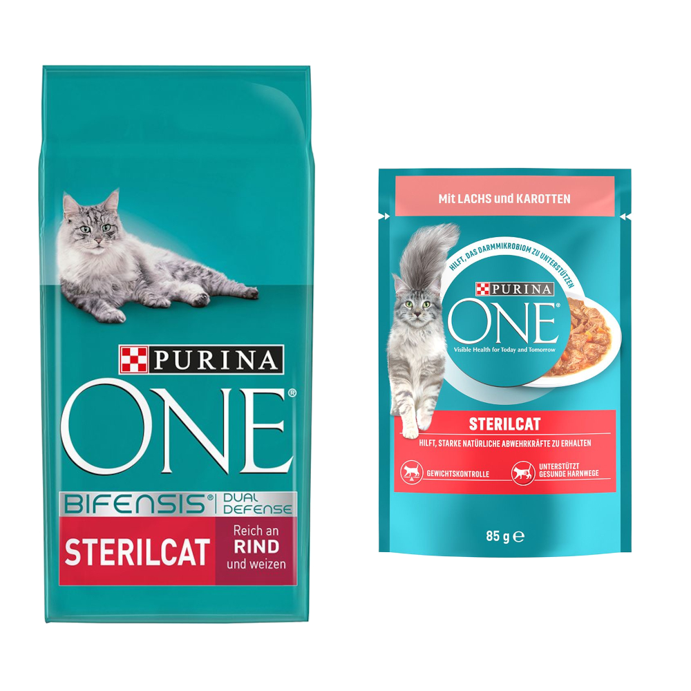 9,75 kg PURINA ONE + 13 x 85 g passendes Nassfutter gratis! - SterilCat Rind + SterilCat Lachs/Karotte von Purina One