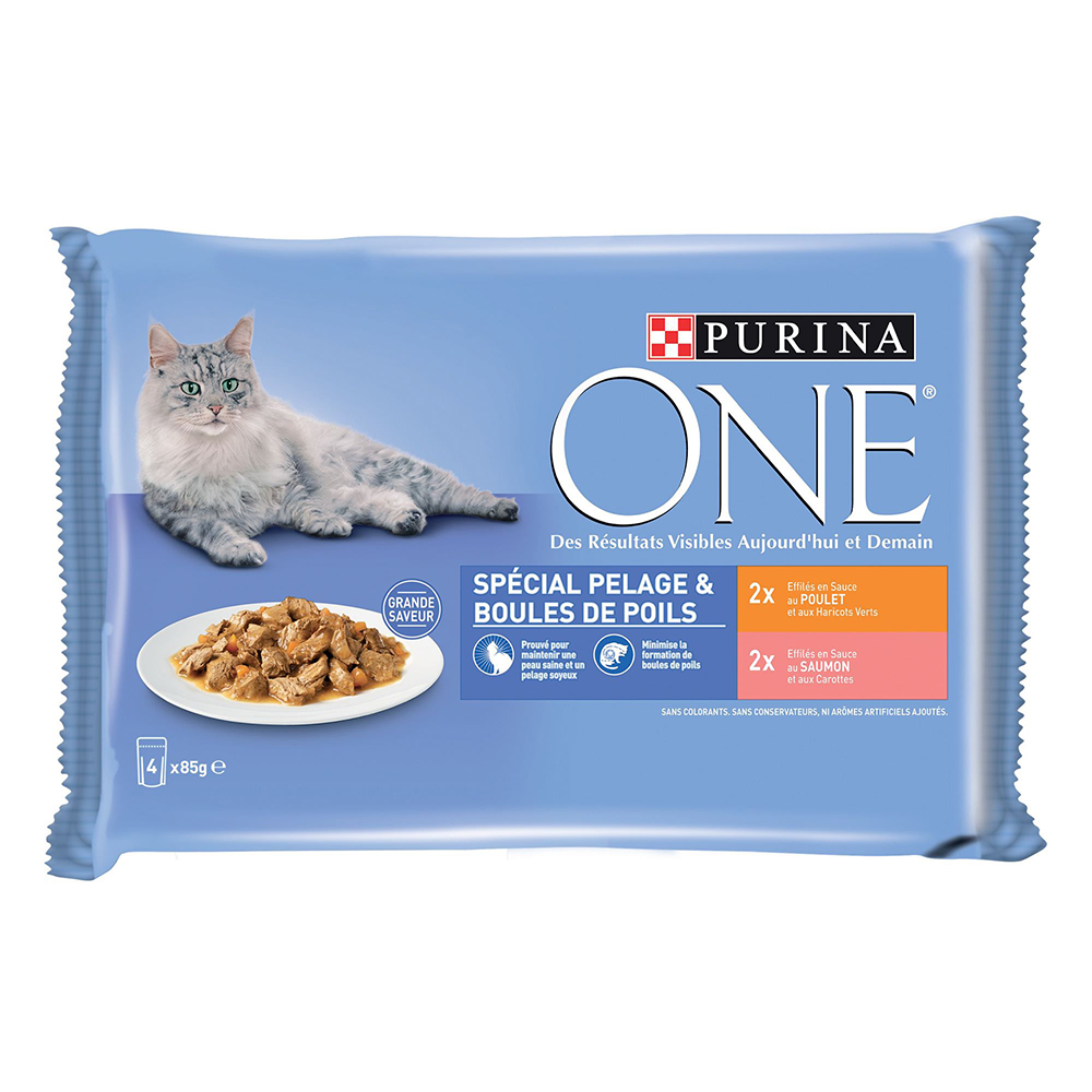 PURINA ONE Junior 4 x 85 g - Coat & Hairball Huhn und Lachs von Purina One