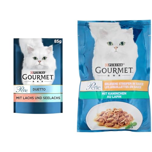 Gourmet PURINA Gourmet Perle Duetto Katzenfutter nass, mit Lachs und Seelachs, 26er Pack (26 x 85g) & rle Erlesene Streifen Katzenfutter nass, mit Kaninchen, 26er Pack (26 x 85g) von Purina Tidy Cats