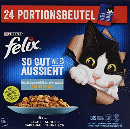 FELIX Katzennassfutter So gut wie es aussieht in Gelee Geschmacksvielfalt aus dem Wasser, 1er Pack (24 x 85g) Portionsbeutel von Purina