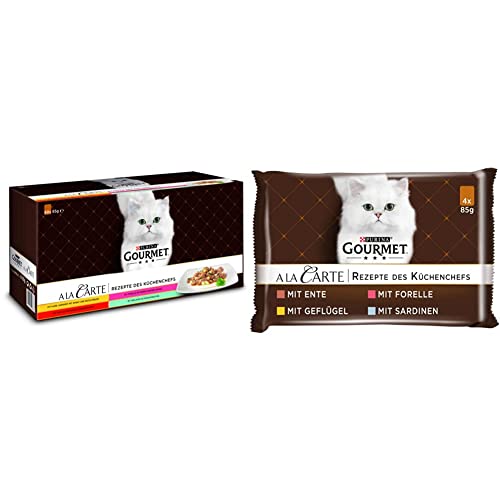 PURINA GOURMET A la Carte Katzenfutter nass, Sorten-Mix, 60er Pack (60 x 85g) & A la Carte Katzenfutter nass, Sorten-Mix, 12er Pack (12 x 4 Beutel à 85g) von Purina