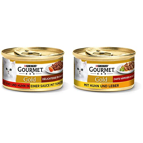 PURINA GOURMET Gold Délicatesse en Sauce Katzenfutter nass, mit Rind und Huhn, 12er Pack (12 x 85g) & Gold Zarte Häppchen in Sauce Katzenfutter nass, mit Huhn und Leber, 12er Pack (12 x 85g) von Purina