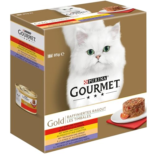 Gourmet Gold Raffiniertes Ragout Katzenfutter nass, Sorten-Mix, 12er Pack (12 x 8 Dosen à 85g) von Purina