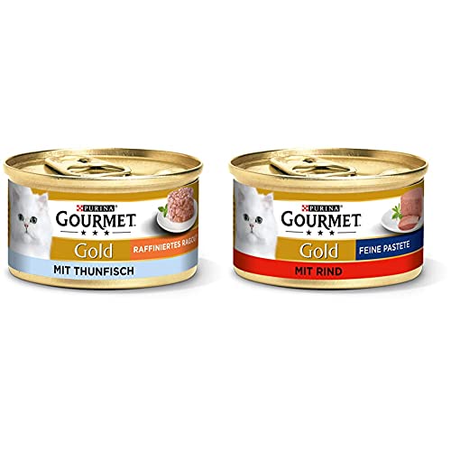 PURINA GOURMET Gold Raffiniertes Ragout Katzenfutter nass, mit Thunfisch, 12er Pack (12 x 85g) & Gold Feine Pastete Katzenfutter nass, mit Rind, 12er Pack (12 x 85g) von Purina