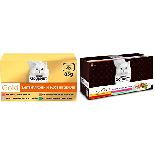 PURINA GOURMET Gold Zarte Häppchen in Sauce mit Gemüse Katzenfutter nass, Sorten-Mix, 12er Pack (12 x 4 Dosen à 85g) & A la Carte Katzenfutter nass, Sorten-Mix, 60er Pack (60 x 85g) von Purina