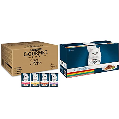 PURINA GOURMET Perle Erlesene Streifen in Gelee, 96 Portionsbeutel Katzenfutter nass, Sorten-Mix, 12er Pack (12 x 8 Beutel à 85g) & Perle Erlesene Streifen Katzenfutter nass, 60er Pack (60 x 85g) von Purina