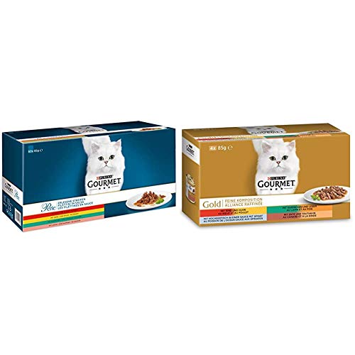 Purina GOURMET Perle Erlesene Streifen: Katzennassfutter mit Huhn, Rind, Lachs & Kaninchen, hochwertiges Katzenfutter, 60er Multipack & Gold Feine Komposition:Katzennassfutter, 12 x 4 x 85 g von Purina