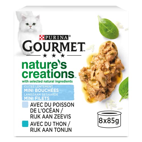 GOURMET Nature's Creations | Erwachsene Katze | Mini Bissen | Meeresfisch Füllung Spinat & Reis, Thunfisch Garnitur Tomaten & Reis | 8 x 85 g (Beute) von Gourmet