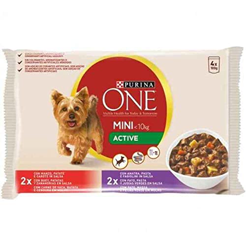 Purina One Mini Active Knospen in Sauce, Nassfutter für kleine Hunde, bis 10 kg, mit Rind, Ente und Gemüse, 4 Beutel à 100 g von Purina