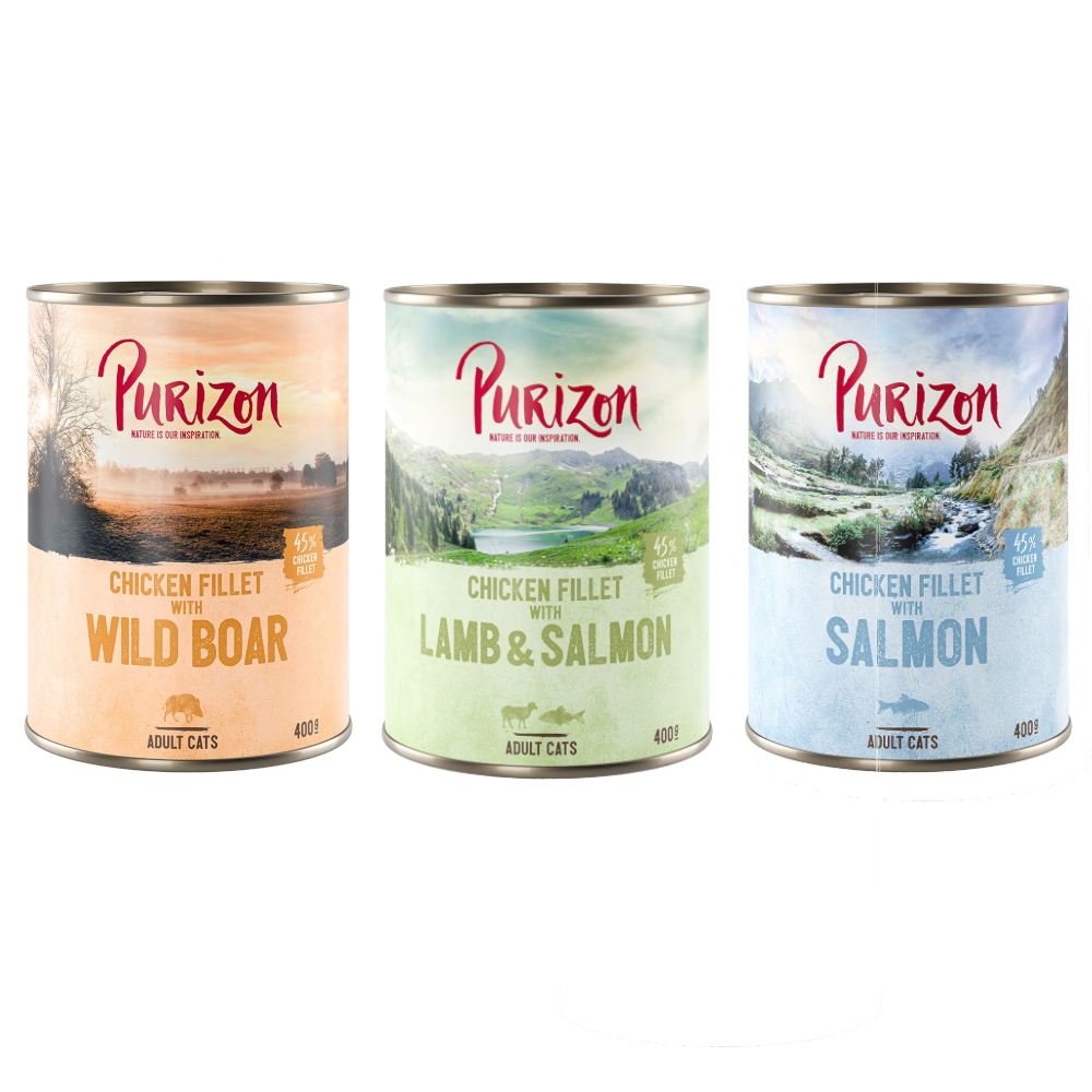 10 + 2 gratis! 12 x 200 g/ 400 g Purizon Adult - Mix 3 Sorten (4 x 400 g Wildschwein, 4 x 400 g Lachs, 4 x 400 g Lamm) von Purizon