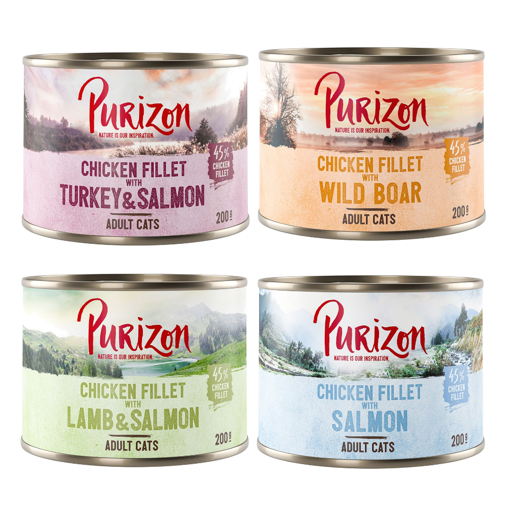 10 + 2 gratis! 12 x 200 g/ 400 g Purizon Adult - Mix 4 Sorten (4 x 200 g Lachs, 4 x 200 g Wildschwein, 2 x 200 g Lamm&Lachs, 2 x 200 g Truthahn & Lachs) von Purizon