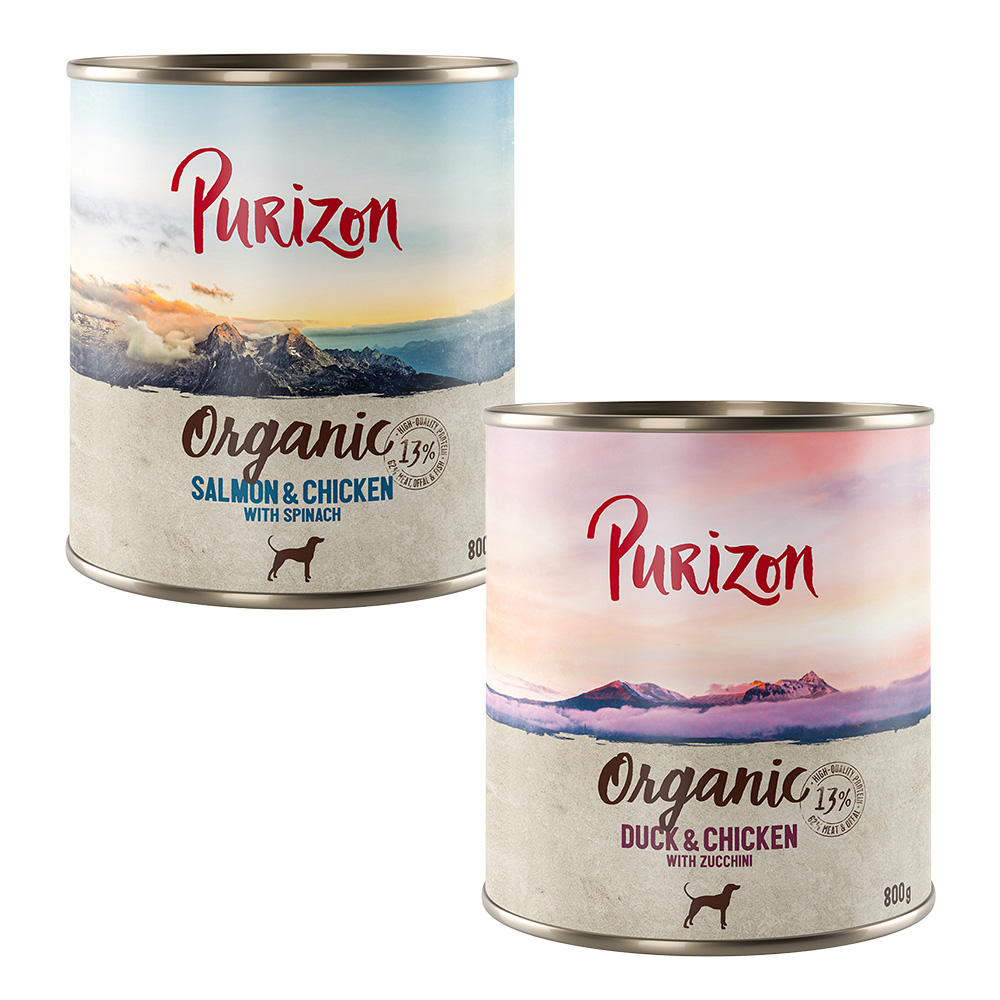 10€ Rabatt auf Purizon 24 x 800 g  - Organic Mixpaket: 12 x Ente mit Huhn, 12 x Lachs mit Huhn von Purizon