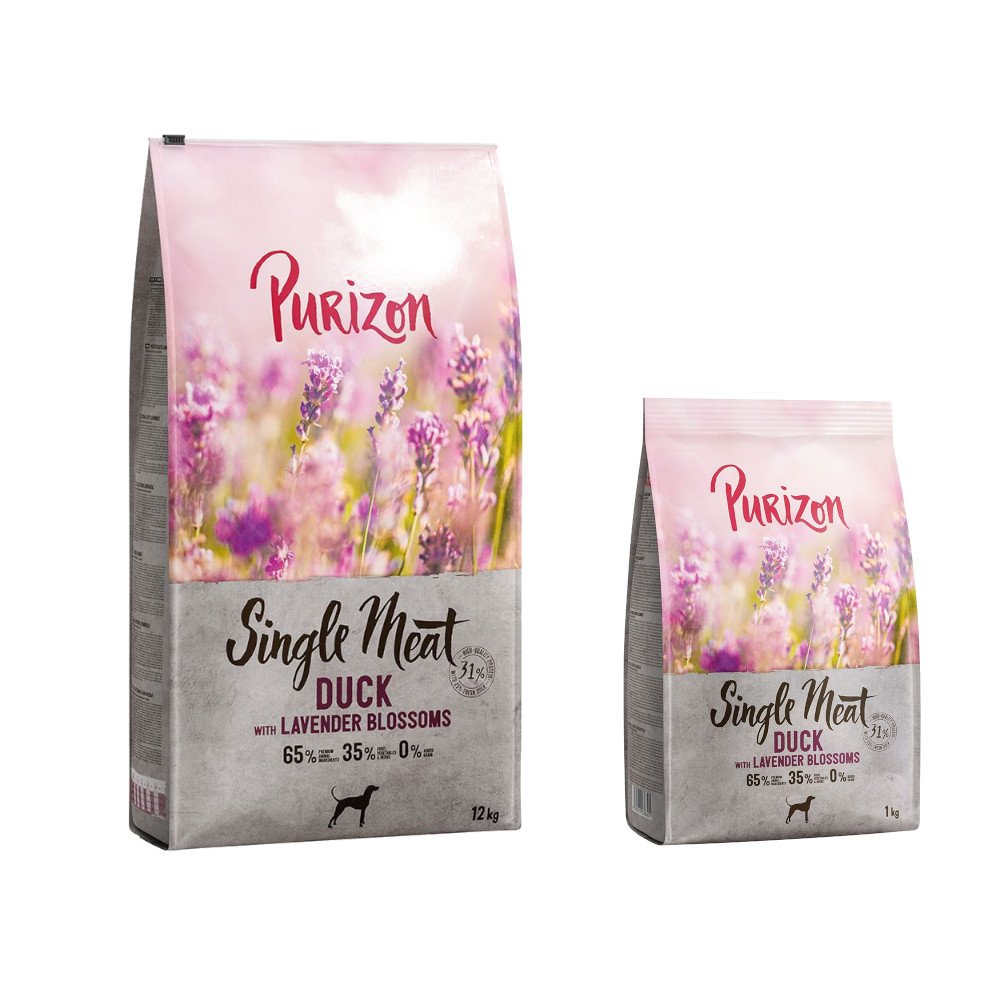 12 kg + 2 kg gratis! 14 kg Purizon  - Single Meat: Ente mit Lavendelblüten von Purizon