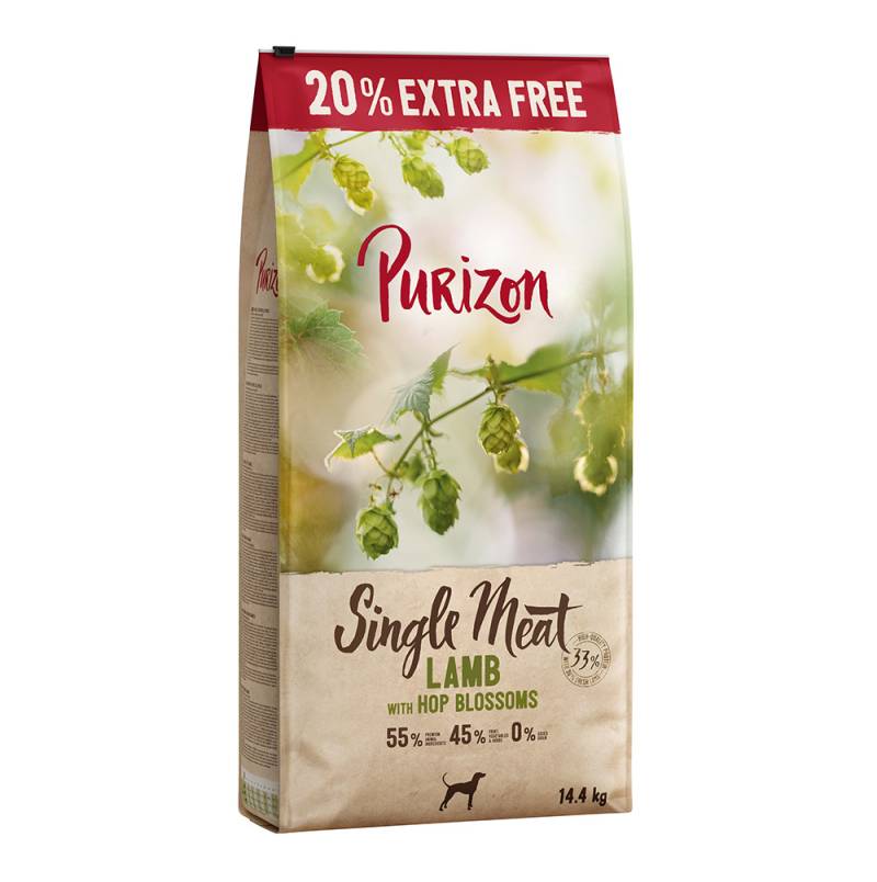 12 kg + 20% gratis! 14,4 kg Purizon Trockenfutter - getreidefrei - Neu: Single Meat Lamm mit Hopfenblüten von Purizon