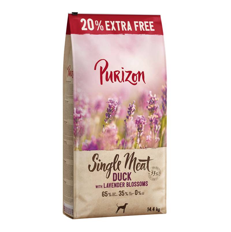 12 kg + 20% gratis! 14,4 kg Purizon Trockenfutter - getreidefrei - Neu: Single Meat Ente mit Lavenderblüten von Purizon