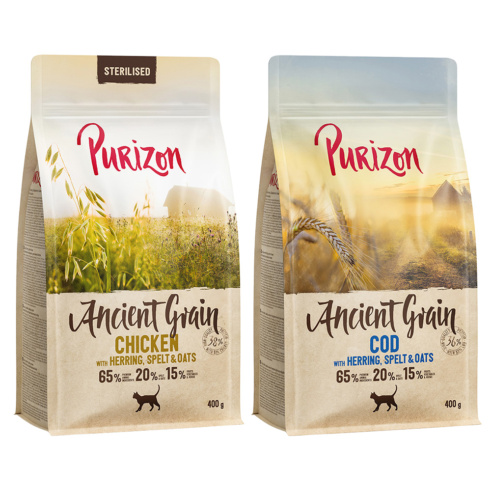 2 x 400 g Purizon Katzentrockenfutter zum Probierpreis! - Ancient Grain Kabeljau + Ancient Grain Sterilised Huhn von Purizon