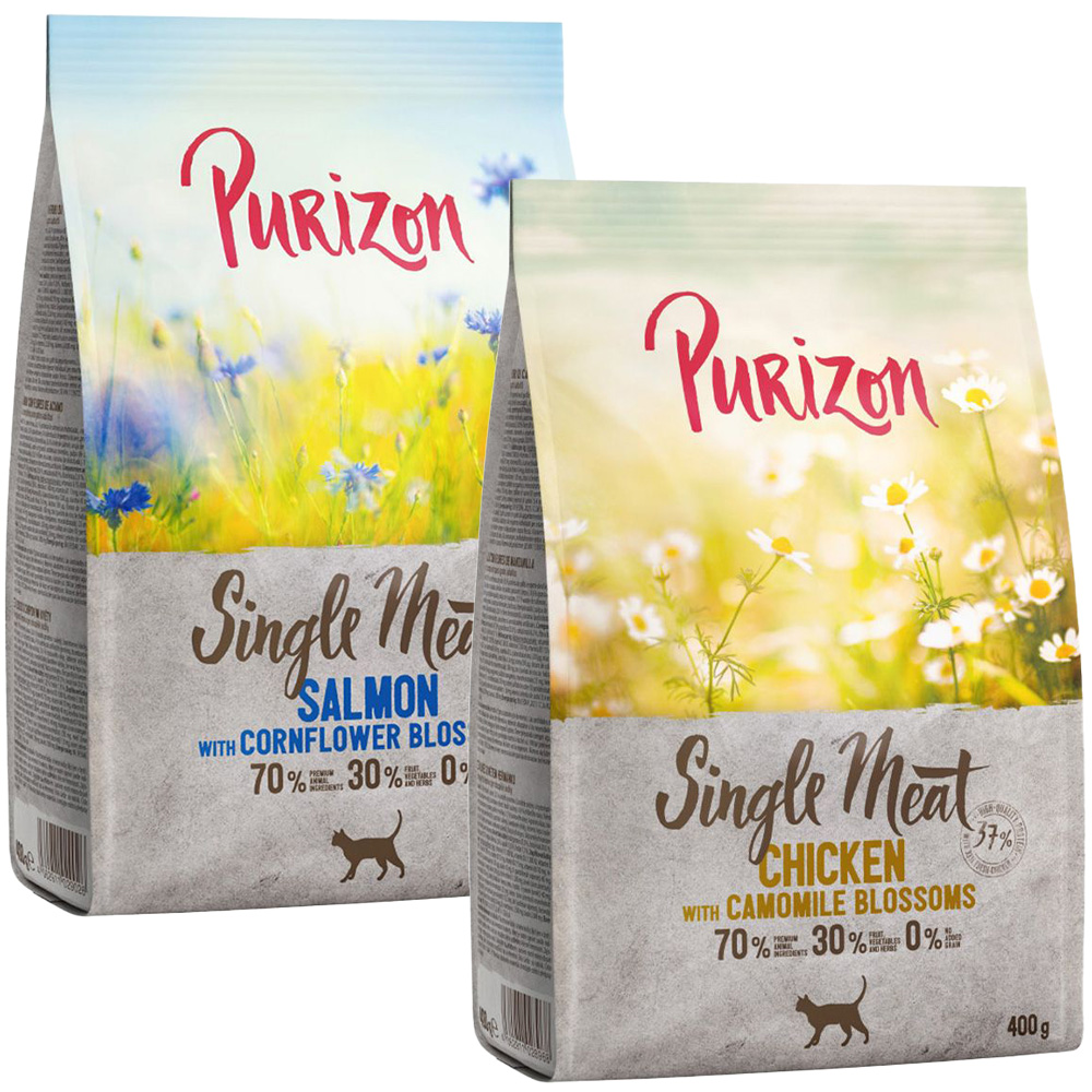 2 x 400 g Purizon Katzentrockenfutter zum Probierpreis! - Mix Single Meat: Huhn mit Kamillenblüten, Lachs mit Kornblumenblüten von Purizon