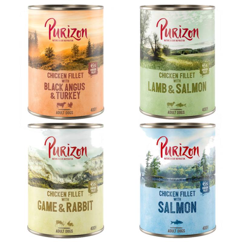 5 + 1 gratis! 6 x 400/800 g Purizon Nassfutter - Mix 4 Sorten (2 x 400 g Black-Angus, 2 x 400 g Lamm, 1 x 400 g Lachs, 1 x 400 g Wild) von Purizon