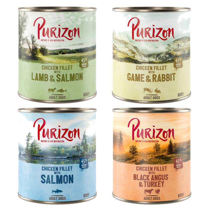 5 + 1 gratis! 6 x 400/800 g Purizon Nassfutter - Mix 4 Sorten (2 x 800 g Black-Angus, 2 x 800 g Lamm, 1 x 800 g Lachs, 1 x 800 g Wild) von Purizon