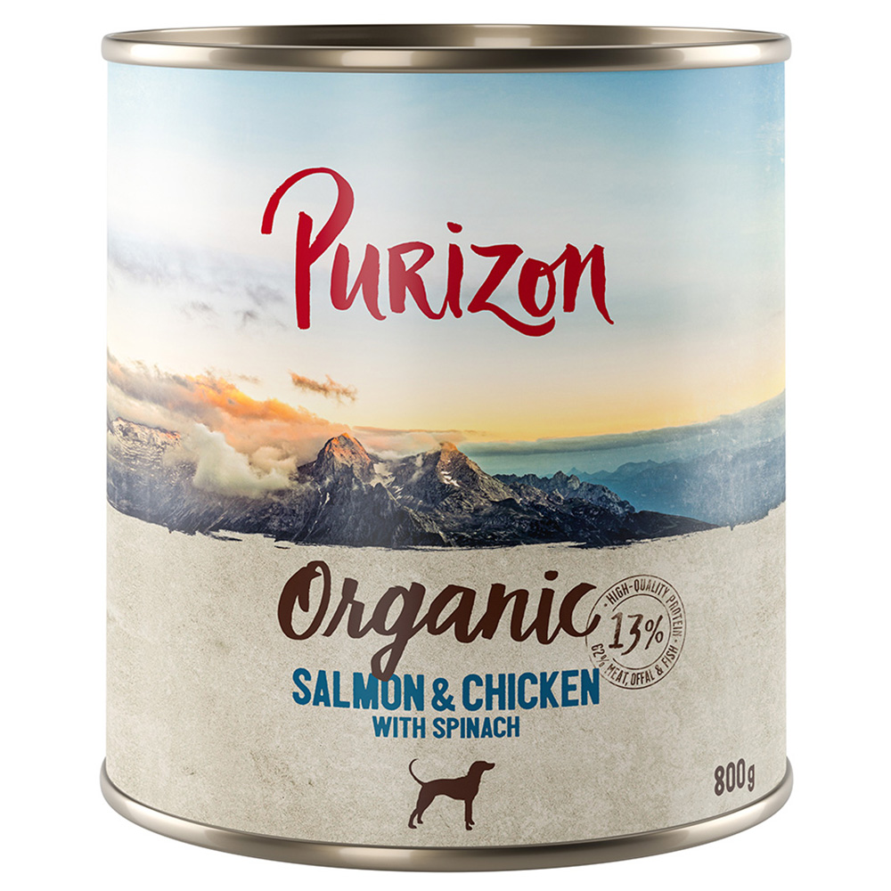 5 + 1 gratis! 6 x 400/800 g Purizon Nassfutter - Organic Lachs und Huhn mit Spinat (6 x 800 g) von Purizon