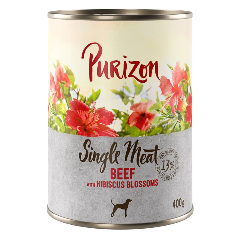 5 + 1 gratis! 6 x 400/800 g Purizon Nassfutter - Single Meat Rind mit Hibiskusblüten (6 x 400 g) von Purizon