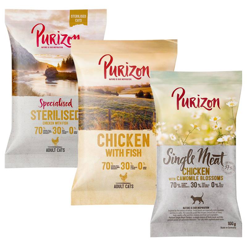 Jetzt probieren: Purizon - getreidefrei - Trockenfutter Mix: Huhn 100g, Huhn & Fisch 150g, Sterilised 150g von Purizon