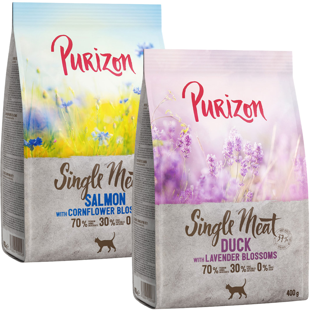 Lebenslangen Rabatt sichern und Jahresvorrat Purizon gewinnen! - Single Meat Mix Ente mit Lavenderblüten + Lachs mit Kornblumenblüten von Purizon