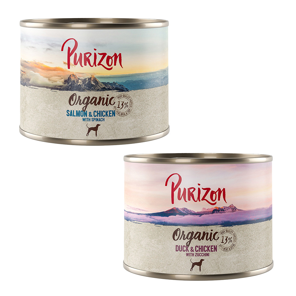 Purizon 6 x 140 g / 200 g / 300 g / 400 g zum Probierpreis - Organic Mixpaket: 3 x Ente mit Huhn, 3 x Lachs mit Huhn (6 x 200 g) von Purizon