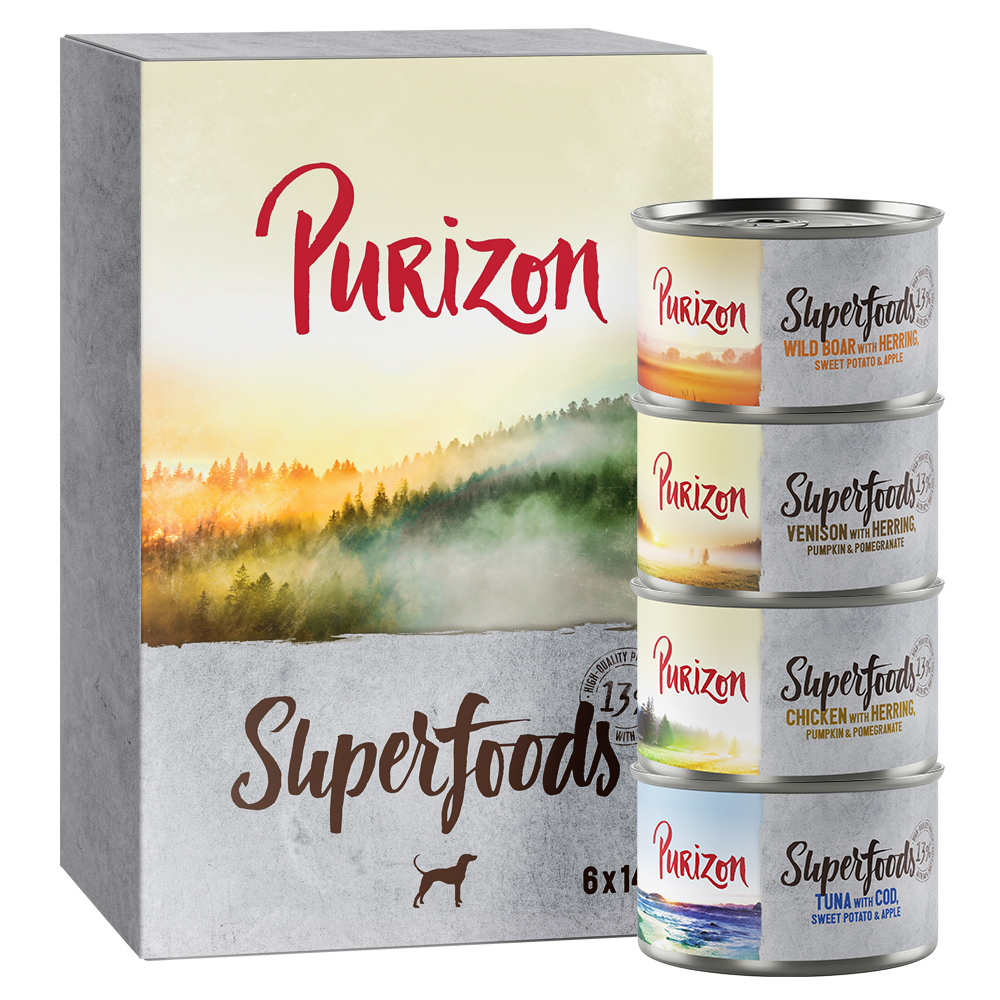 Purizon 6 x 140 g / 200 g / 300 g / 400 g zum Probierpreis - Superfoods: Mixpaket (2xHuhn, 2xThunfisch, 1xWildschwein, 1xWild) (6 x 140 g) von Purizon