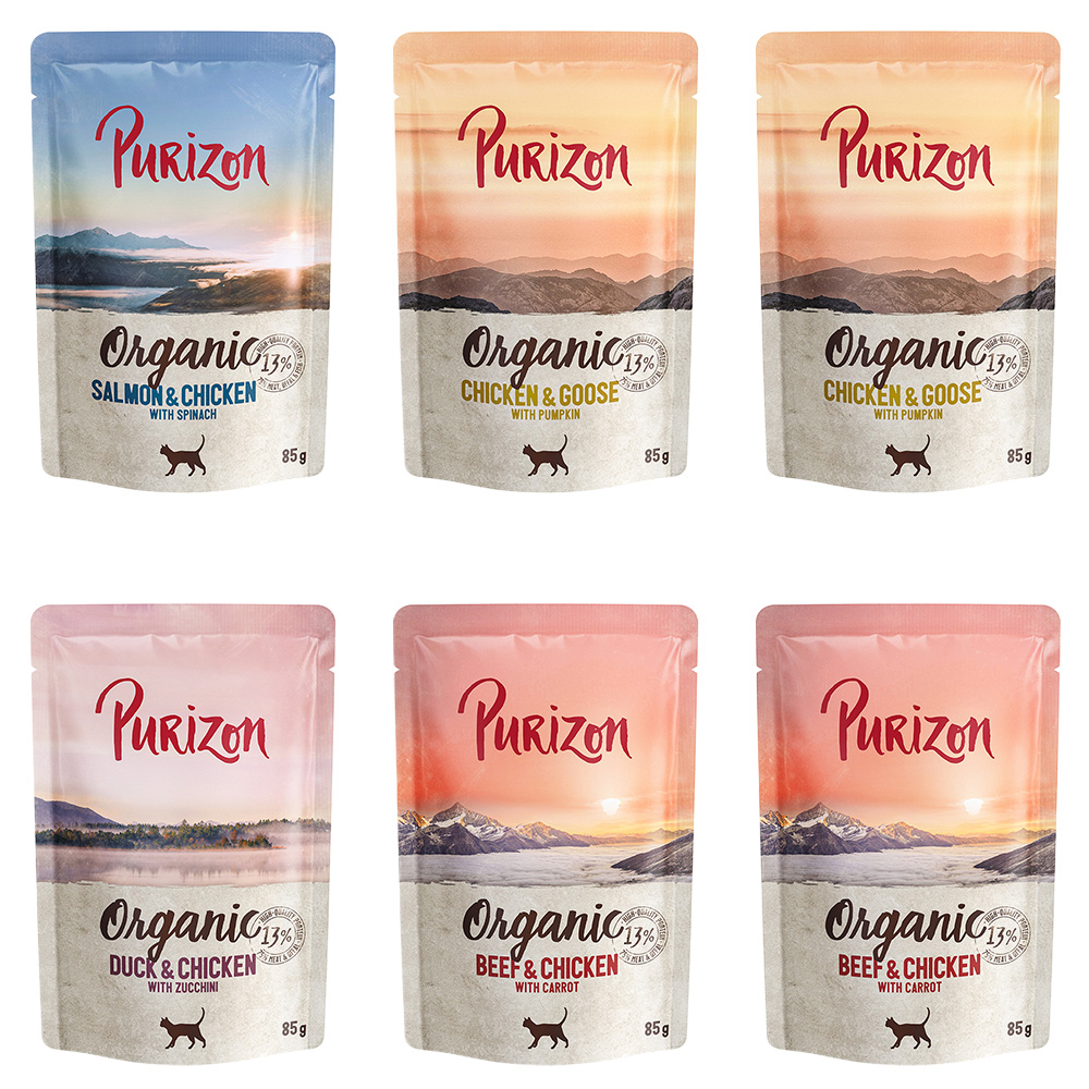 Purizon 6 x 70g/85g zum Probierpreis! - Organic: Mixpaket (2xHuhn, 2xRind, 1xLachs, 1xEnte) 6x85g von Purizon